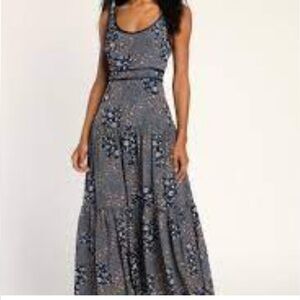Lulu's Midnight Navy/White Floral Patchwork Scoop-neck Maxi Sundress, size L
